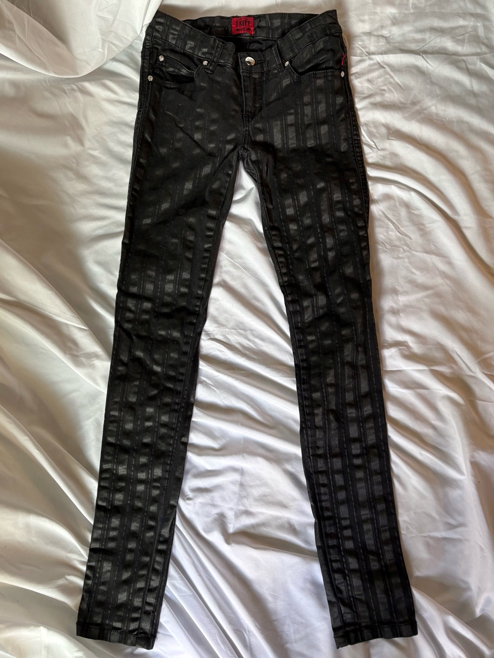 Tripp NYC Black Striped Wax Coated Skinny Jean